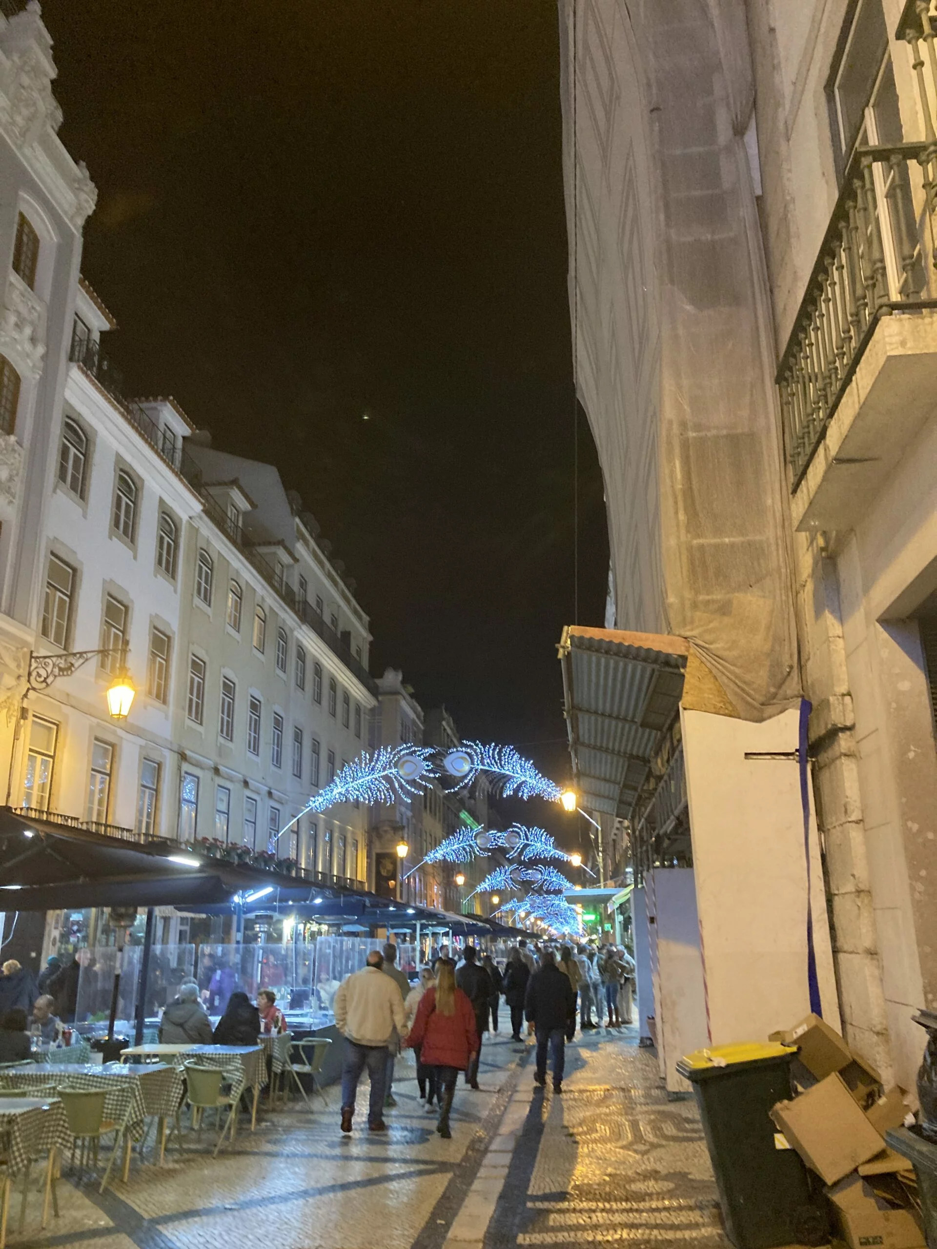 people walking under christmas lights with trash bins on the side of the street